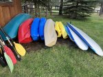 Canoe, 4 adult kayaks, 2 kid kayaks, 1 kids paddle board, 2 adult paddle boards. 